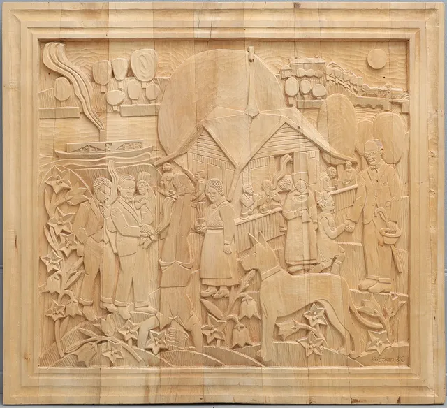 KRISTIAN HOLMQVIST. TRÄSKUREN RELIEF, "VÄNKRETSEN, NÄÄS (BARNDOMSMINNE)", 1980.