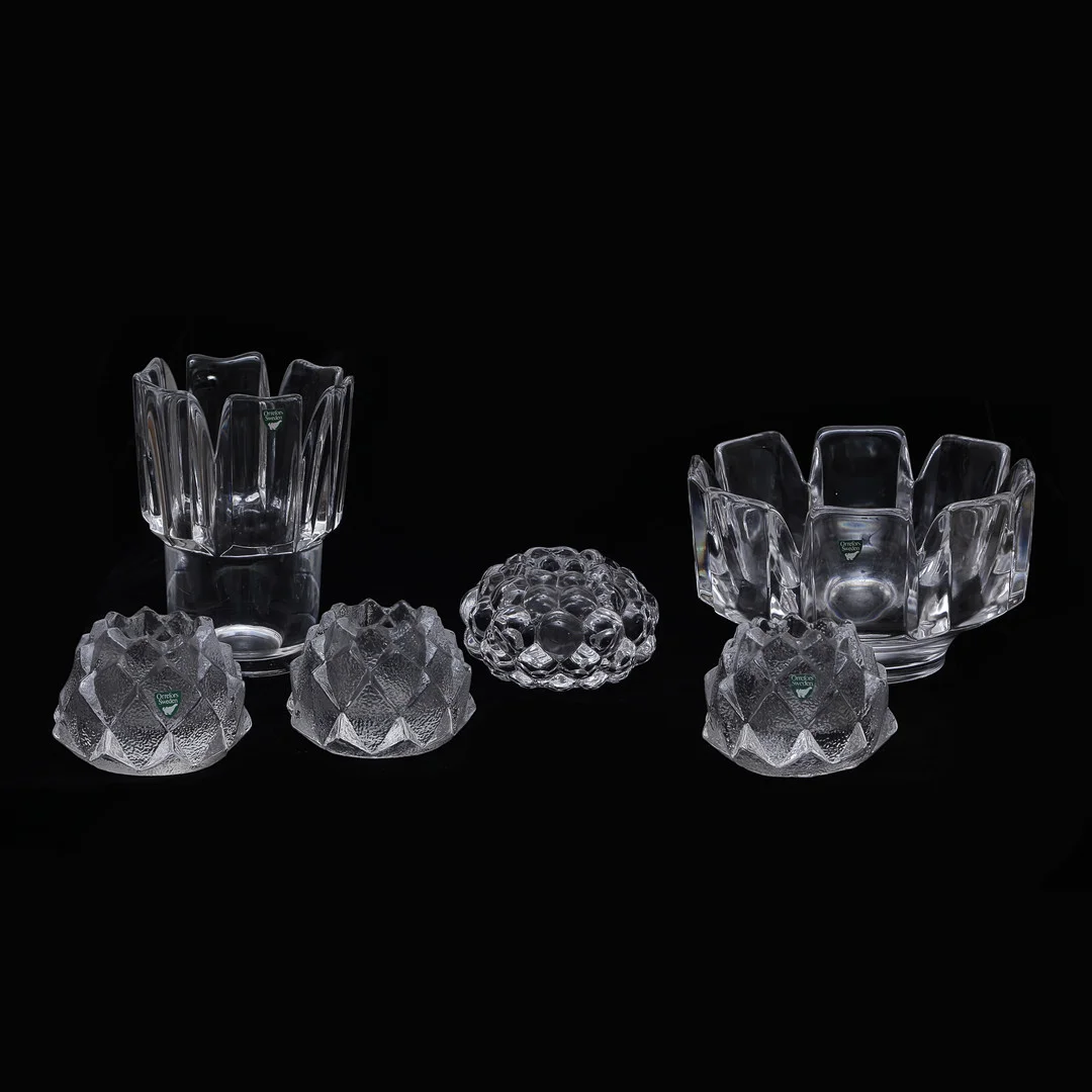 VAS SAMT SKÅL "CORONA", LJUSLYKTA "HALLON" SAMT LJUSLYKTOR "KOTTEN" 6 DELAR, ORREFORS. — Utility glass — Auktionskammaren Sydost Kalmar