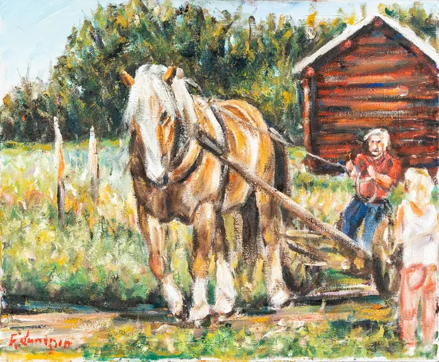 FRED LUNDGREN. Olja på duk, Kuskscen, Signerad.