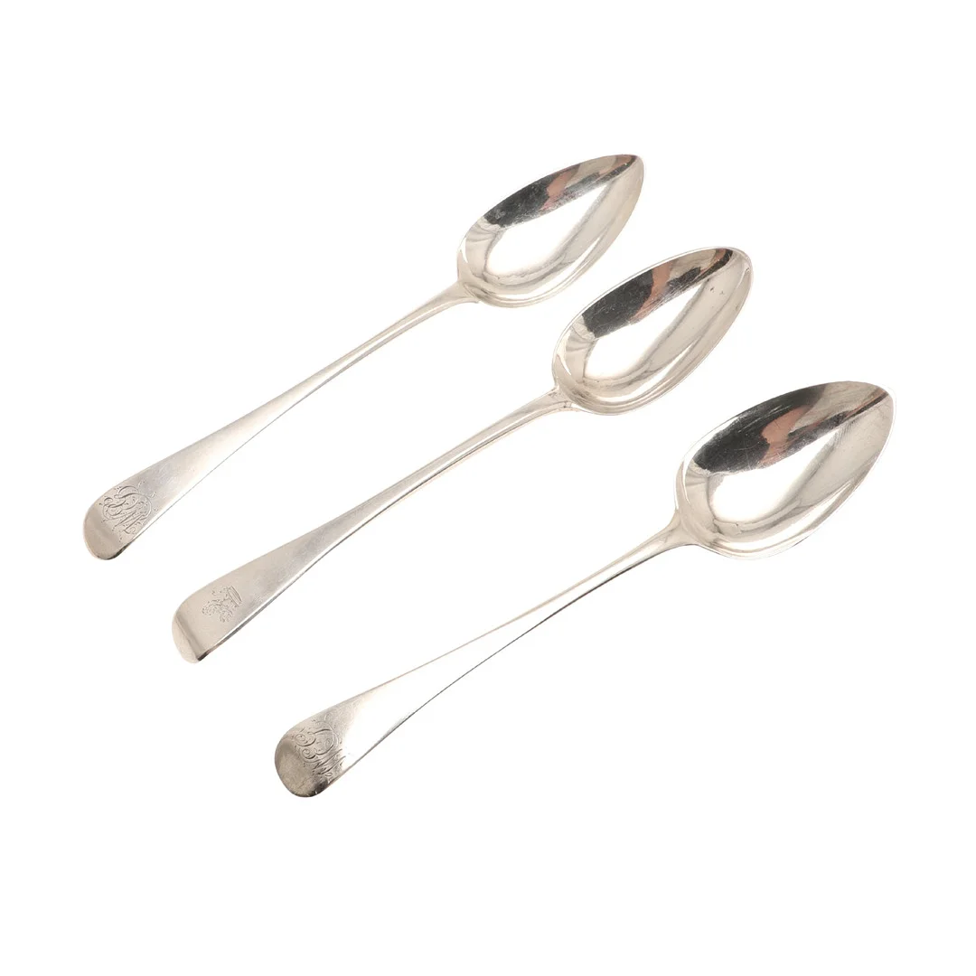 A MATCHED PAIR OF GEORGE III SILVER OLD ENGLISH PATTERN SERVING SPOONS, AND A VICTORIAN OLD ENGLISH PATTERN SERVING SPOON. — Silver — Lawrences Auctioneers