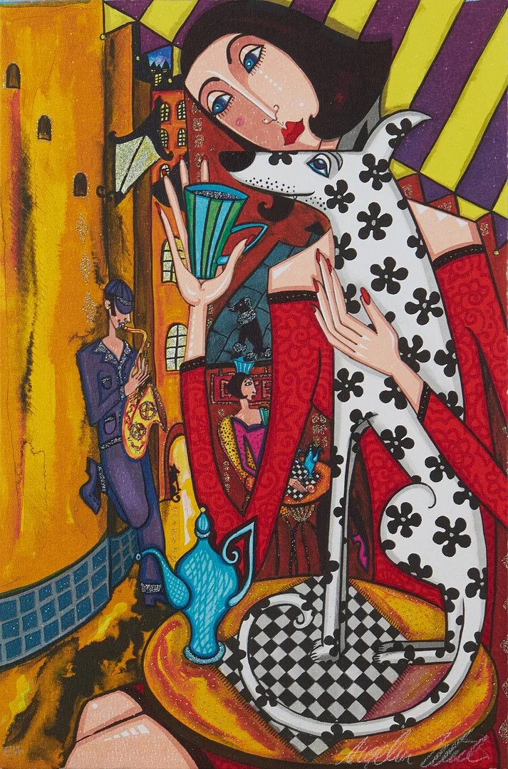 ANGELICA WIIK. "Kaffepaus", färglitografi med glitter, signerad samt märkt EA. — Engravings & Prints — Stockholms Auktionsverk Magasin 5