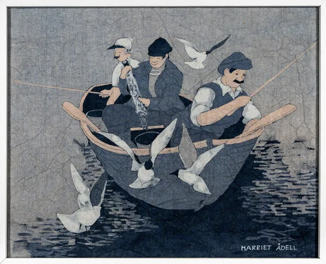 HARRIET ÅDELL. Batik på duk, "Fiskare", Signerad.