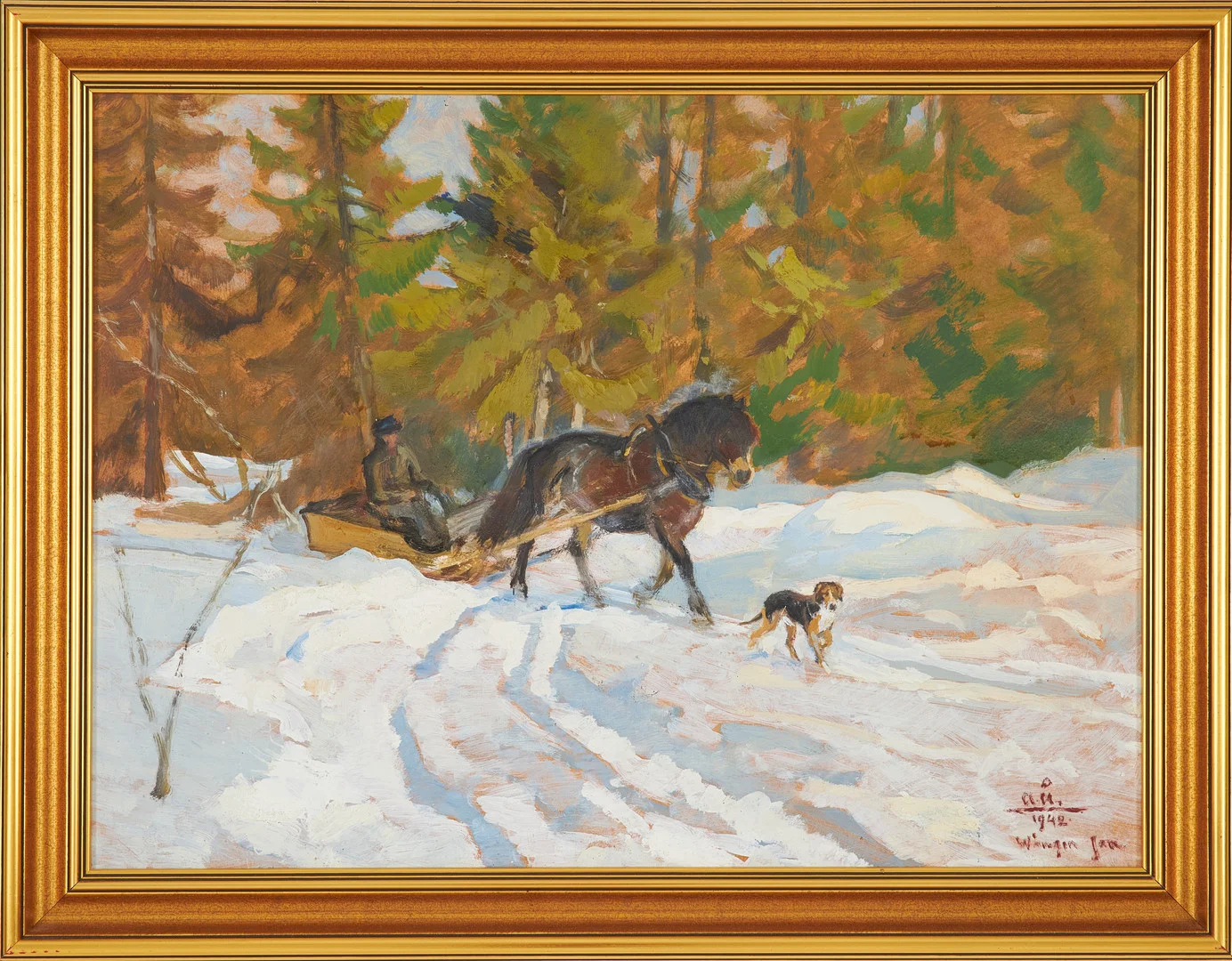 ACKE ÅSLUND. Häst i vinterlandskap, olja på pannå, monogramsignerad och daterad 1942. — Paintings — Stockholms Auktionsverk Sickla