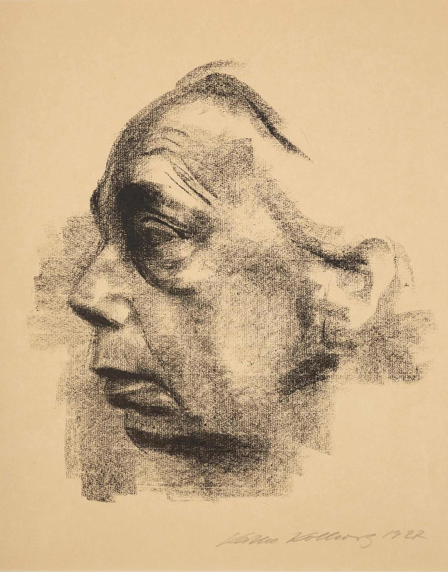 Käthe Kollwitz, Selbstbildnis im profil. (Självporträtt i profil). — Bukowskis