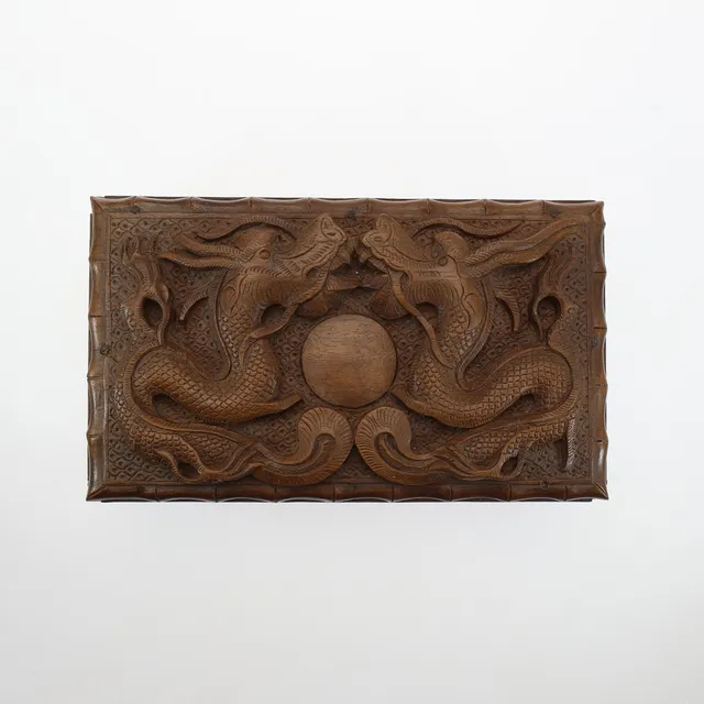 CHINESE CARVED HARDWOOD "SHANGHAI PUZZLE" BOX.