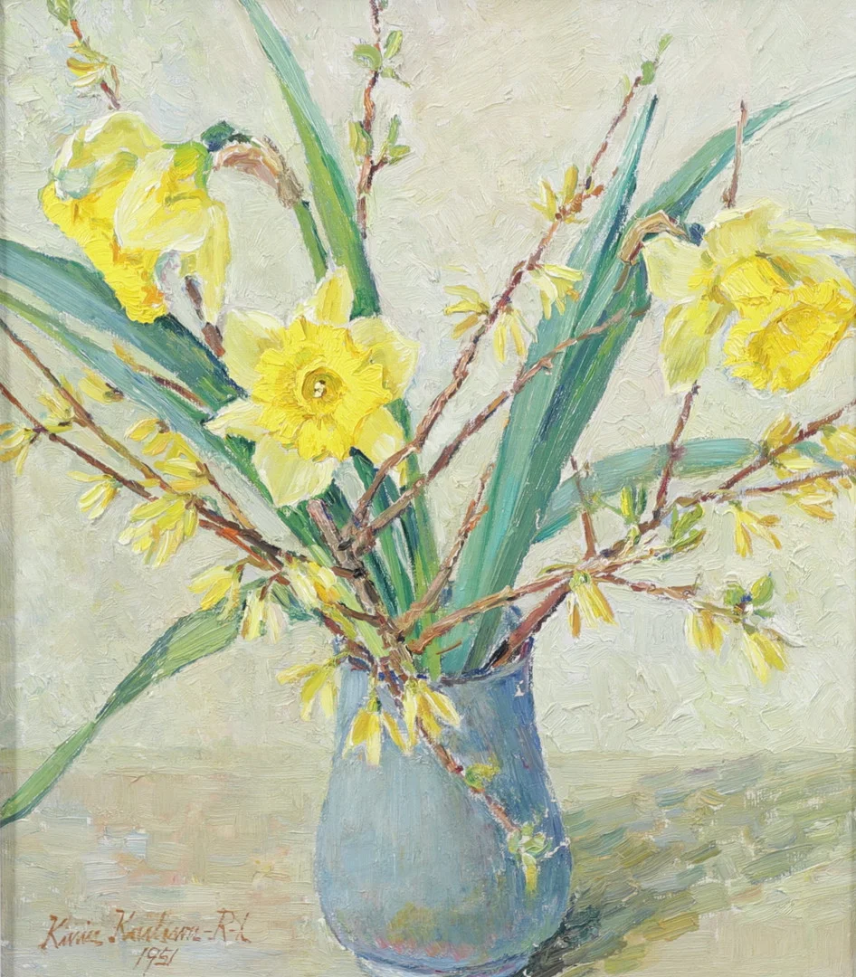 KARIN KARLSSON. Stilleben med påskliljor och forsythia, olja på duk, signerad och daterad. — Paintings — Växjö Auktionskammare