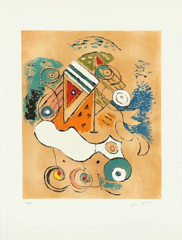 Untitled. Signed Ejler Bille, 40/150. Etching in colours. Sheet size 77 × 57 cm. Unframed.