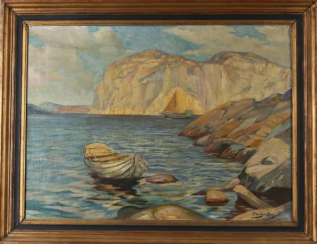 FOLKE WILHELMSSON BERG. Olja på duk, båt vid kustlandskap, signerad och daterad 1935.