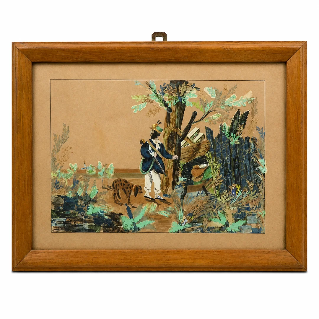 COLLAGE HINTER GLAS, JÄGER MIT JAGDHUND. — Paintings — Auktionshaus Stuber's Hammerschlag