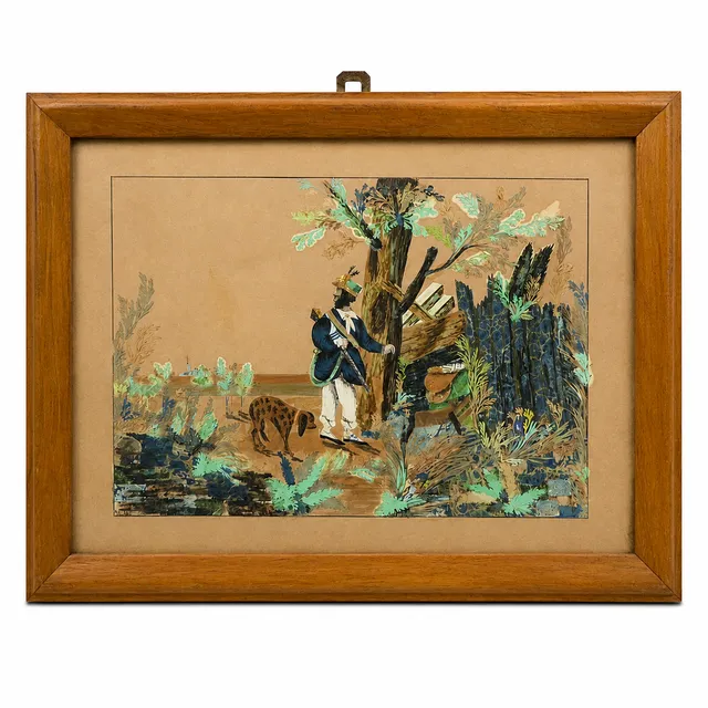COLLAGE HINTER GLAS, JÄGER MIT JAGDHUND.