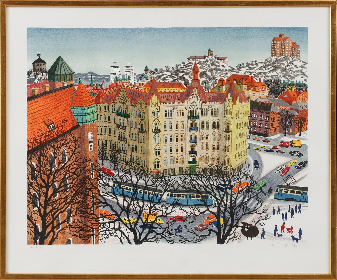 MONA HUSS WALIN. "Så såg det ut - Linnéplatsen 1981" 1984. Färglitografi, signerad och numrerad 203/400. — Engravings & Prints — Göteborgs Auktionsverk