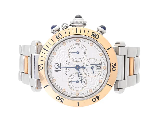 CARTIER, Pasha (T Swiss Made T), Cal 205, Boett nr. 2113/789544CC, kronograf, herrur, 38 mm, stål/guld, automatisk, safirglas, datum, skadad visare, glasbaksida, integrerad originallänk, viklås, Ref nr. UFDI, längd 162 mm, ca 1999.