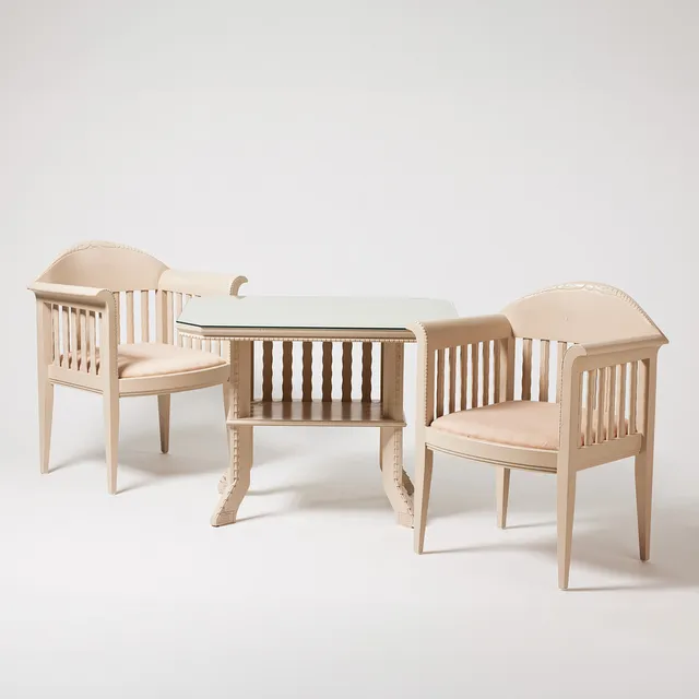 ELIEL SAARINEN. 3 dlr, bord, karmstolar 1 par, "White Suite (Hvitträsk)", Adelta oy, plakettmärkta.