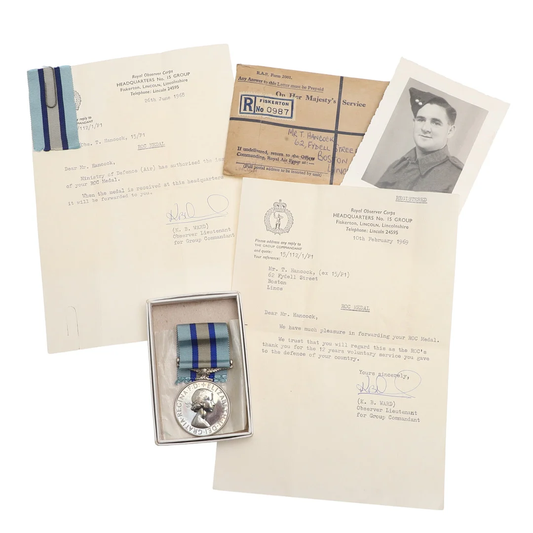 A ROYAL OBSERVER CORPS MEDAL AND DOCUMENTS. — Orders & Medals — Lawrences Auctioneers