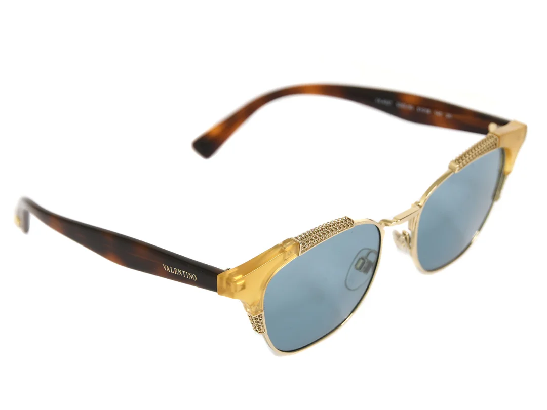 SOLGLASÖGON, VALENTINO, VA 4027, 5065/80 51 18, bruna bågar, blå glas, etui, ytterkartong. — Accessoarer/Solglasögon — Kaplans