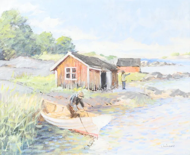 LENNART MÖLLER. Kustparti med båt och bodar, olja på duk, signerad L. Möller.