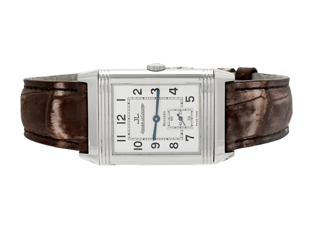 JAEGER-LE COULTRE, Reverso, Grande Taille, Cal 822, Serie nr. 2151784, Ref nr. Q2708420, Boett nr. 270.8.62, herrur, 26 x 36,5 (42,3) mm, stål, manuell, safirglas, liten sekundvisare, läderband, viklås, cert, december 2003, box, ytterkartong. — Klockor/Jaeger-Le Coultre — Kaplans