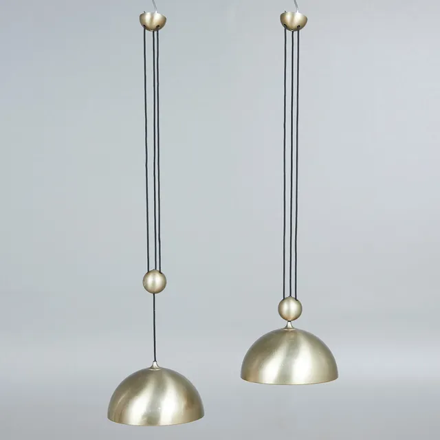 FLORIAN SCHULZ. Zwei Pendelleuchten / Lampen, Modell 'Posa', Metall, Gewebekordel, Deutschland (2).