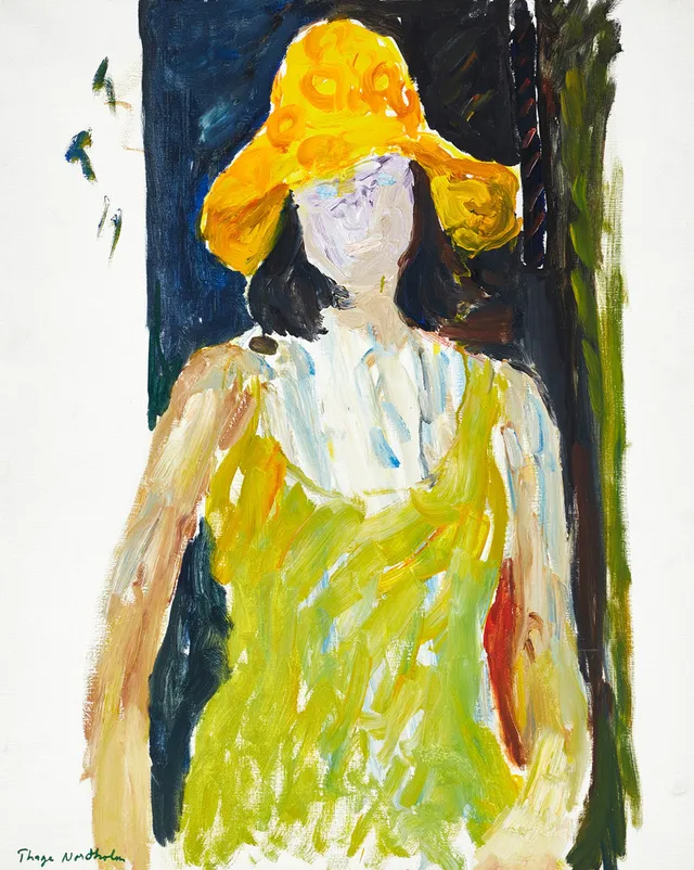 THAGE NORDHOLM (1927–1990). Kvinna i gul hatt, signerad, olja på duk.