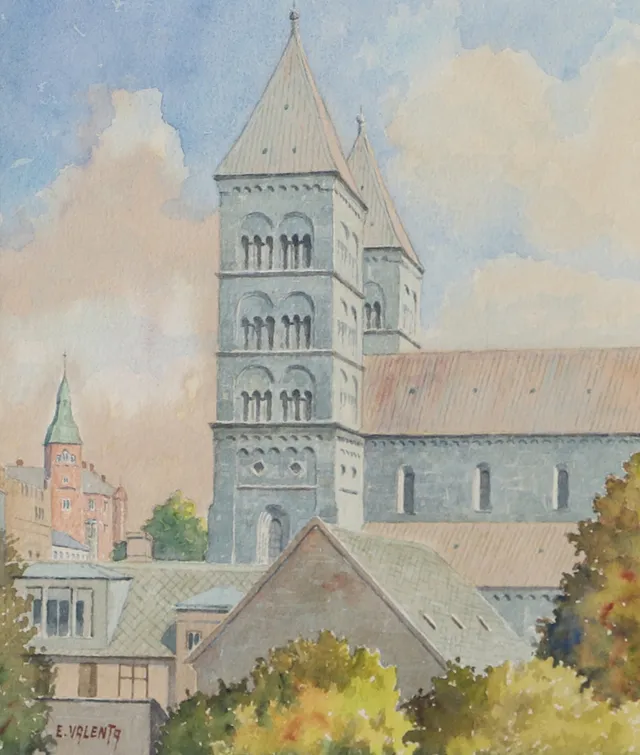 EDDIE VALENTA. Lunds domkyrka, akvarell, signerad E. Valenta.
