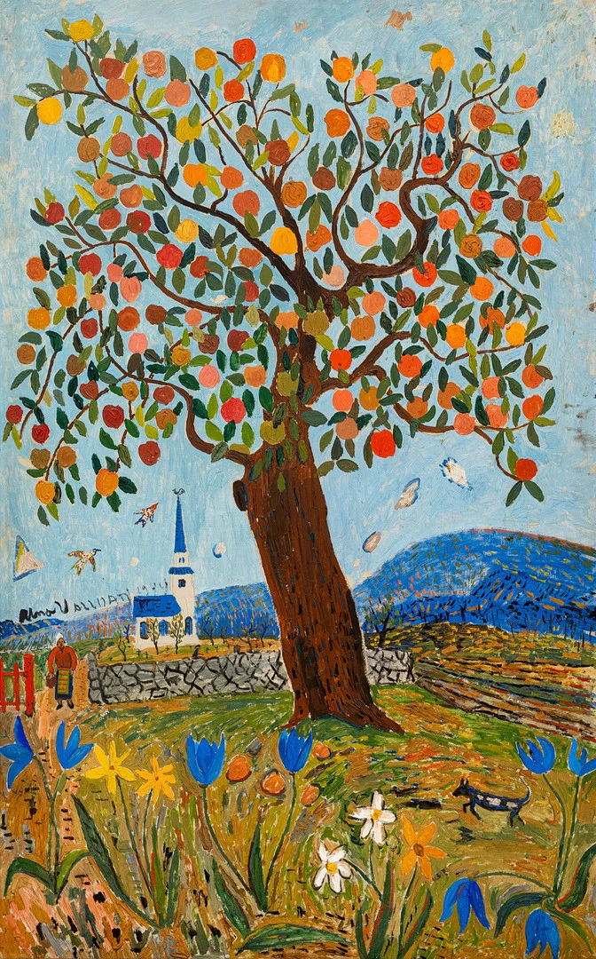 UNO VALLMAN. Sommarvy med äppelträd, signerad och daterad, 1944, fragment av målning à tergo. — Paintings — Auktionshuset Kolonn