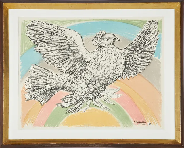 PABLO PICASSO. "Colombe volont - àl Arc en ciel, litografi, signerad samt daterad 10.10.52 i trycket, färglitografi.
