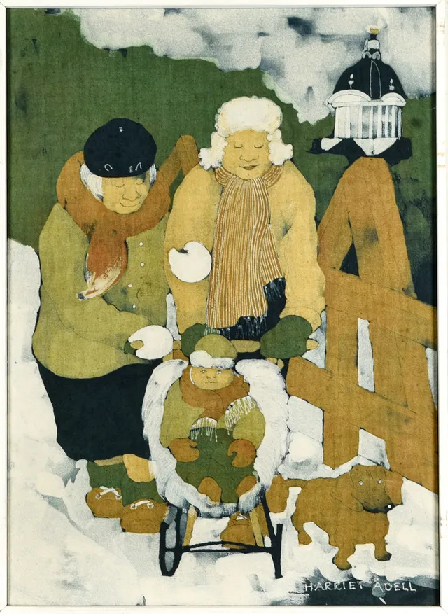HARRIET ÅDELL. Batik på duk, Motiv med människor och hund, Signerad.