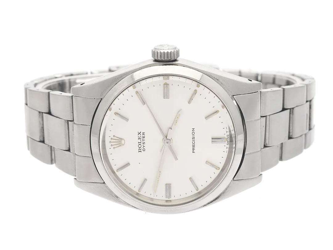ROLEX, Oyster, Precision (-T Swiss T-), Ref nr. 6426, Serie nr. 3763789, Cal 1225, Boett nr. 6426, herrur, 34,5 mm, stål, manuell, plexiglas, skadad urtavla, Oysterlänk (Folded, storleksändras ej), viklås, Ref nr. 7835/357, ca 1974. — Klockor/Rolex — Kaplans