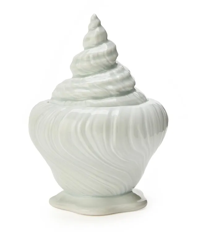 “Triton”, test piece. A porcelain sugar bowl, decorated with pale celadon glaze. Unsigned. The porcelain mass glazed PP88–06 and with a hand written paper label RTC-Masse. Made by Royal Copenhagen. H. 14 cm.
