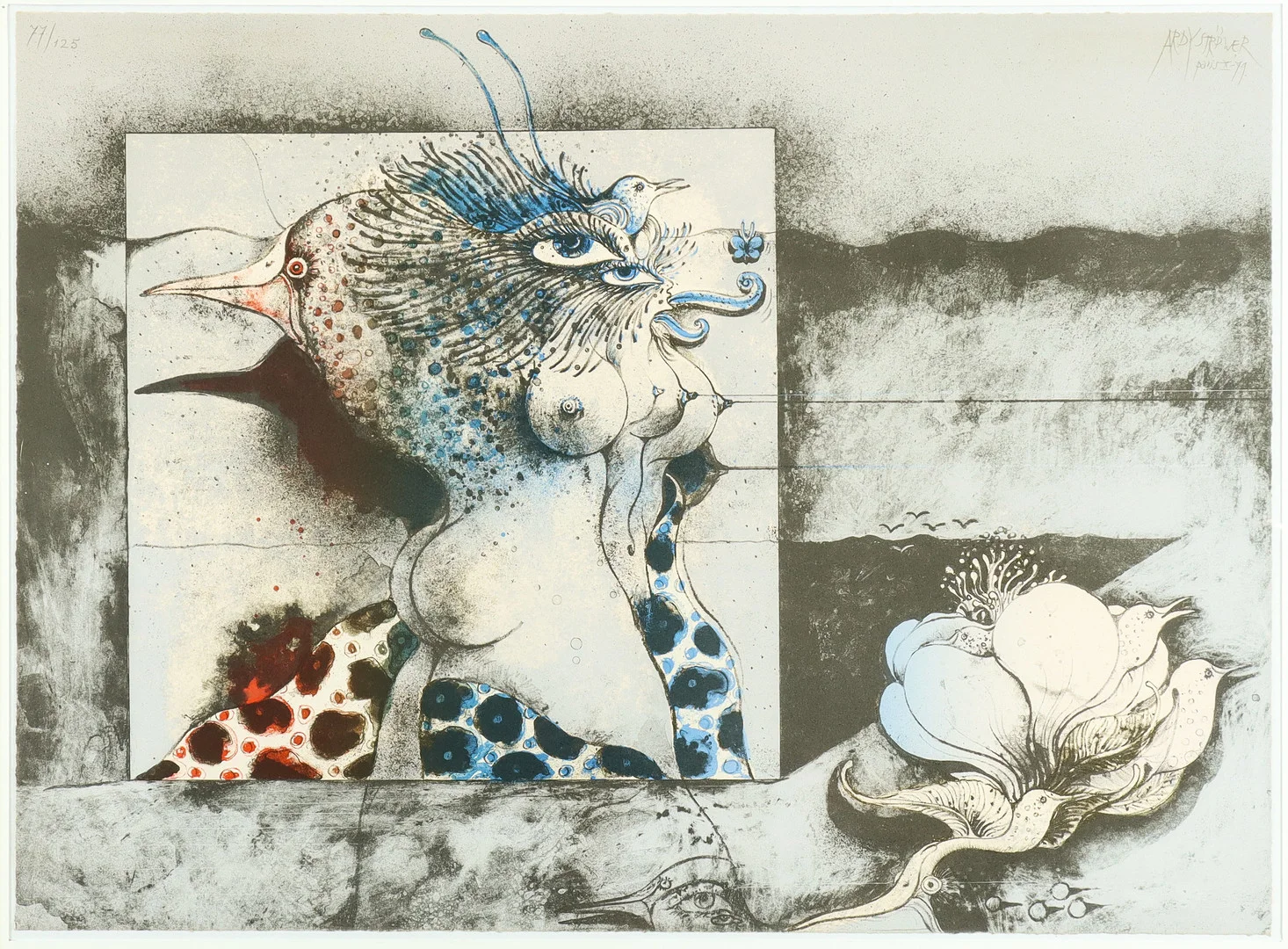 ARDY STRÜWER. "Fåglar", litografi 77/125, signerad Paris-79. — Engravings & Prints — Karlstad Hammarö Auktionsverk