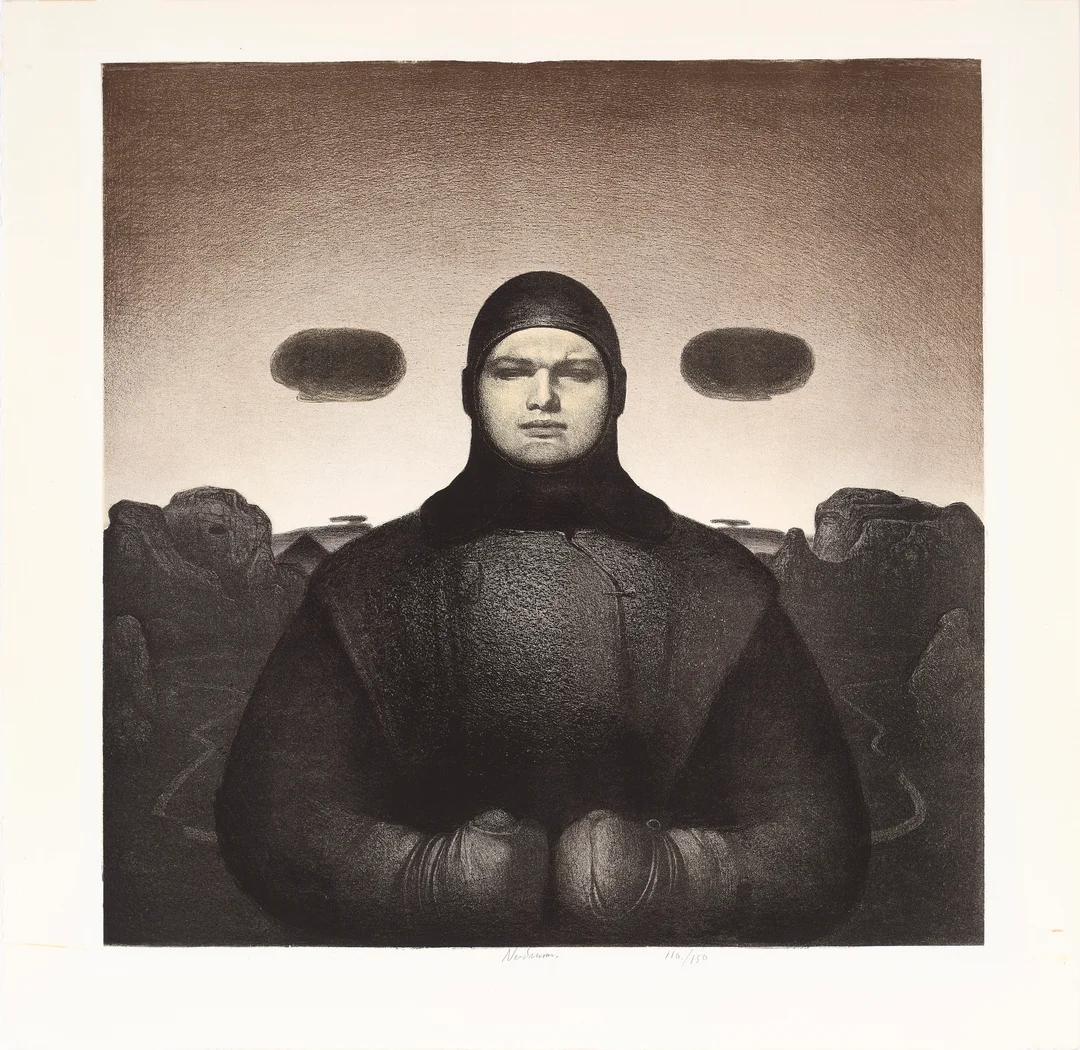 Nerdrum, Odd — "Mann i landskap med hjelm" — Kunst/Grafikk — Blomqvist