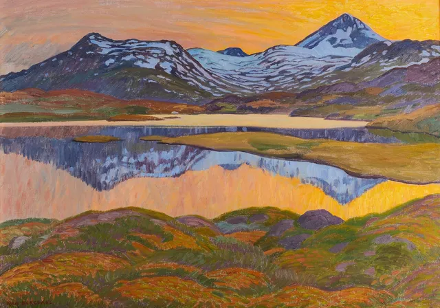IVAN BERGDAHL. "Midnattsol, Guoletisjaure ", Olja på duk, signerad, 1985.
