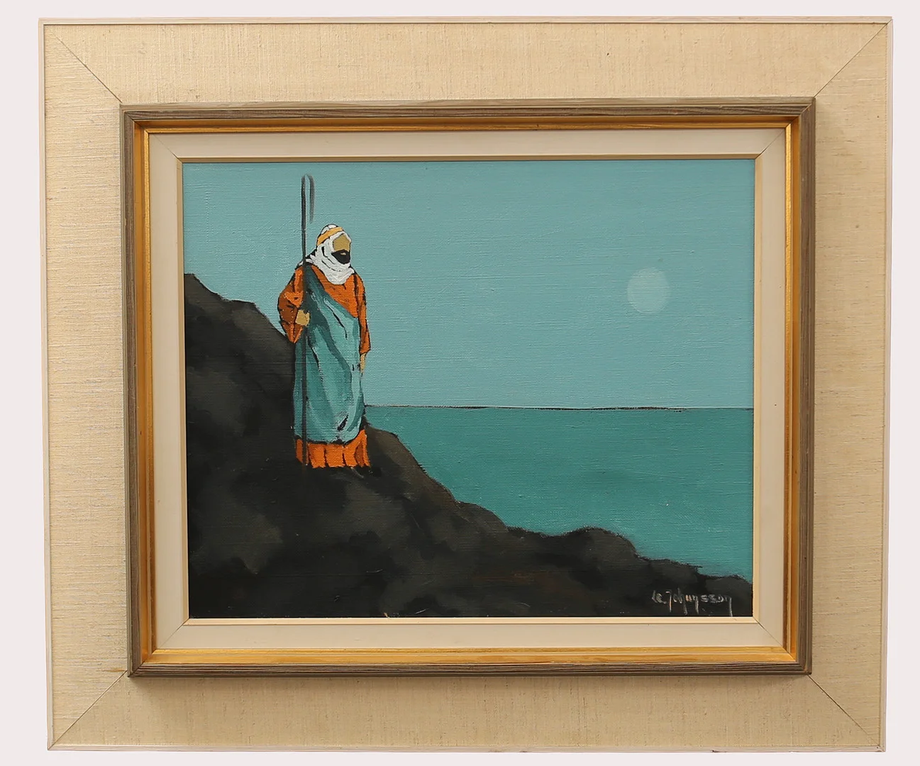 LEIF JOHANSSON. Olja på duk, man på bergssluttning, Sydländskt motiv, signerad. — Paintings — Limhamns Auktionsbyrå
