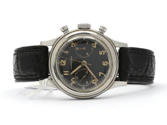 Longines Chronograph, herrur, stål, läderband, kronograf, skadat plastglas, nr. 23248 53, går ej