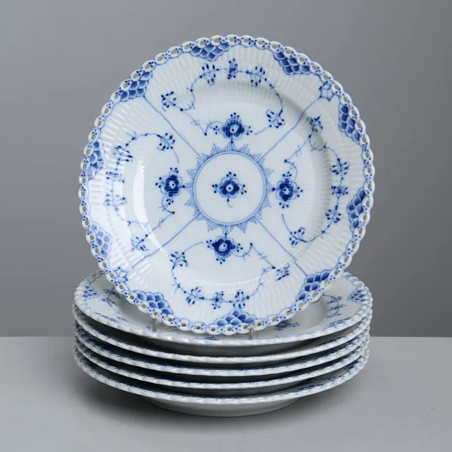 MUSSELMALET, 6 mattallrikar, nr 1084, helblond, Royal Copenhagen, Danmark.