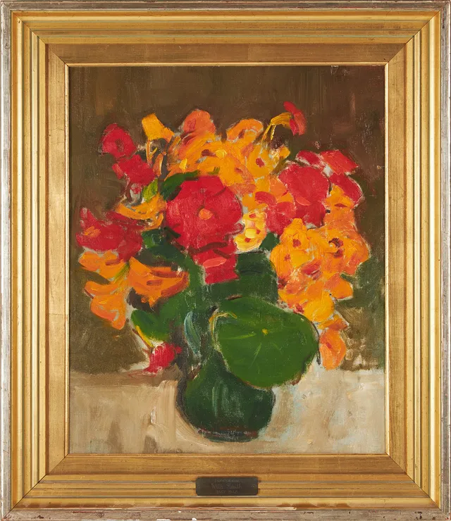 WILHELM SMITH. TILLSKRIVEN. Blomsterstilleben, olja på pannå.