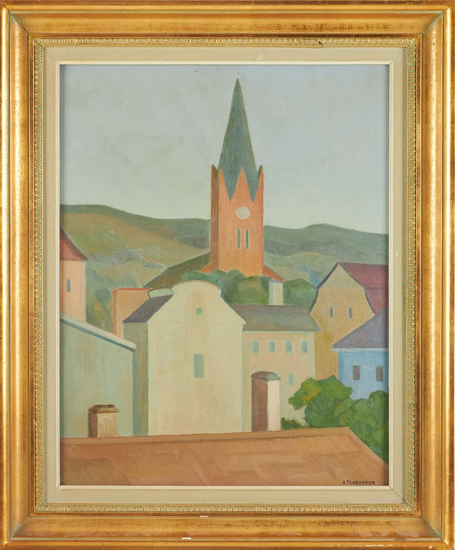 INGMAR TEGENGREN (1906-1984). Stadsvy med kyrka, olja på duk, signerad. — Paintings — Stockholms Auktionsverk Sickla