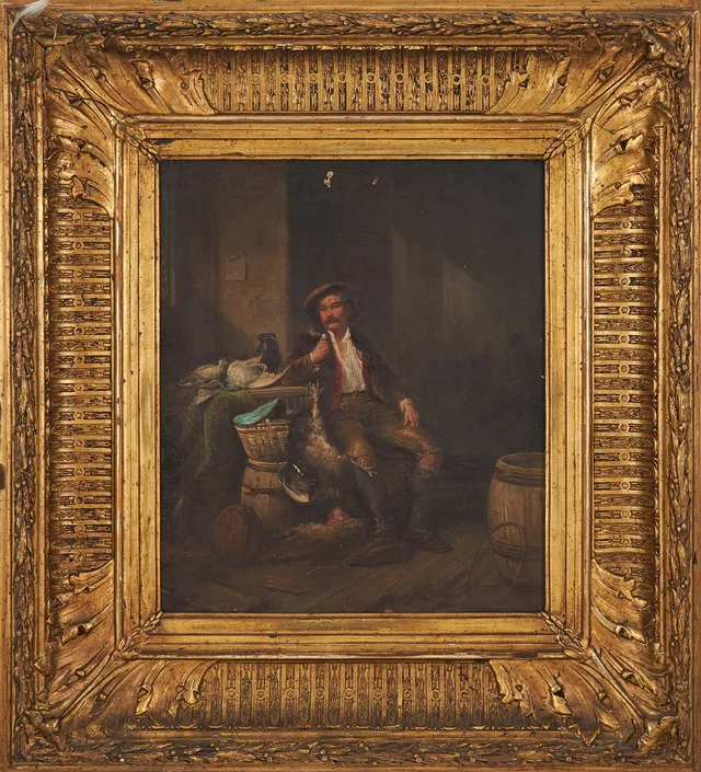 OKÄND KONSTNÄR. Interiör med man, olja på duk, 1800-tal.