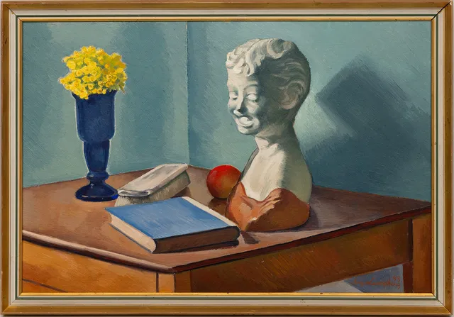 AUGUST LUNDBERG. Olja på pannå, stilleben, signerad samt daterad 1943.
