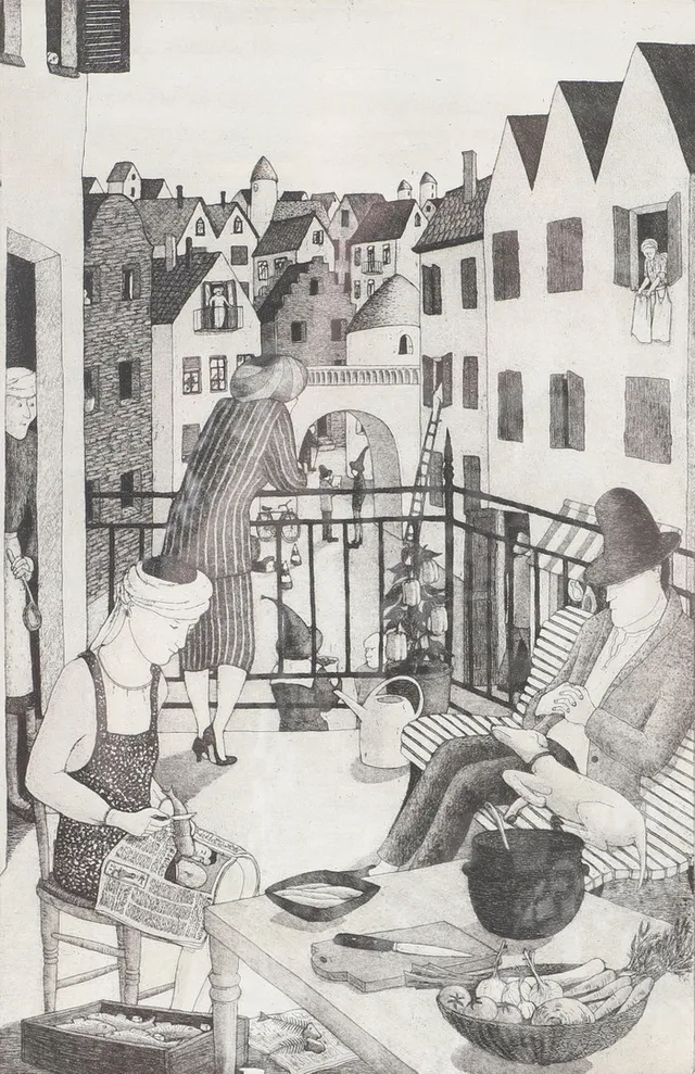 EVA REX. "Balkongen", etsning, signerad 1985.