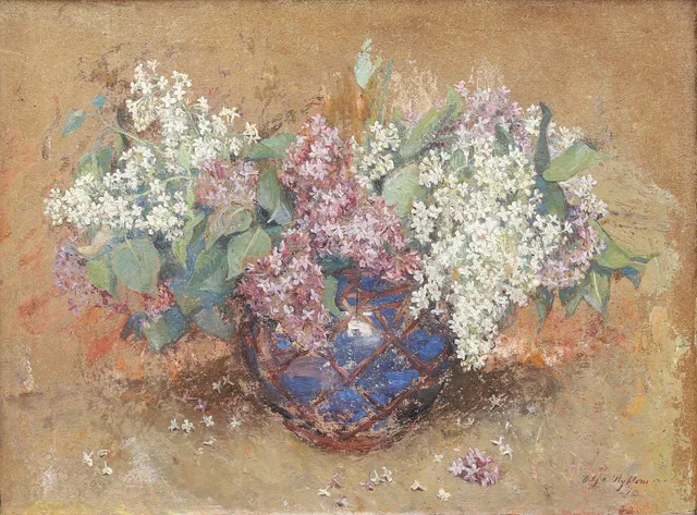 OLGA NYBLOM (1872-1955). Syrener i blomkruka, olja på pannå, signerad.