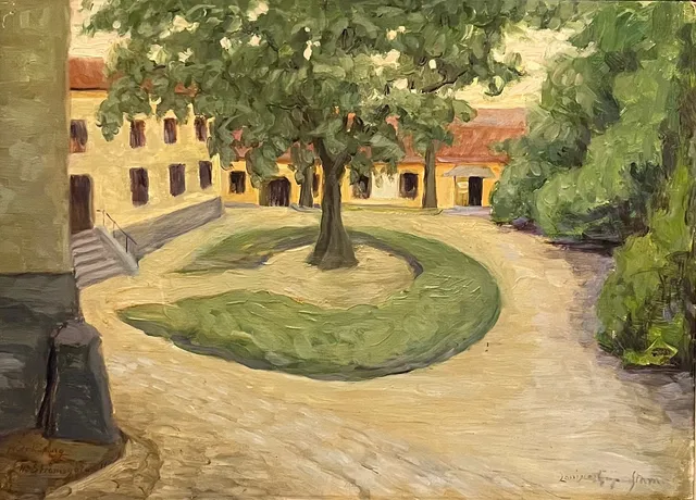 LOUISE AF GEIJERSTAM. Olja på pannå, Strömsgatan 11 Norrköping, signerad.