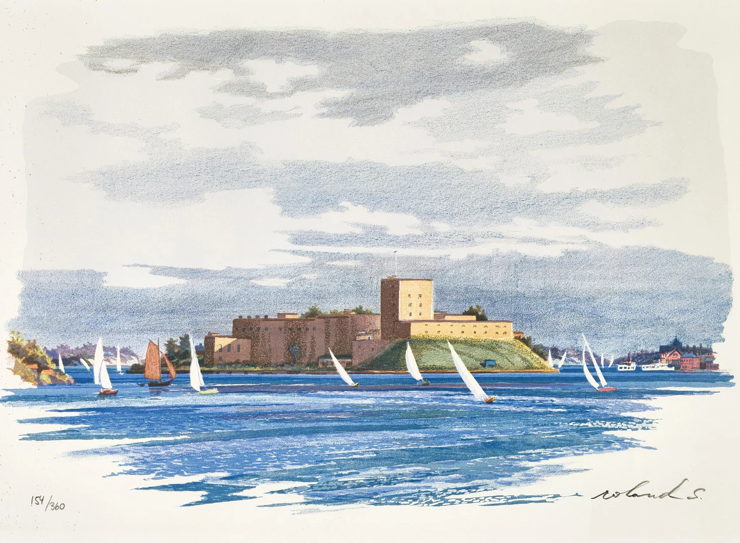 ROLAND SVENSSON (1910-2003). "Vaxholms Kastell", signerad och numrerad roland S. 154/360, färglitografi. — Engravings & Prints — Crafoord Auktioner Stockholm