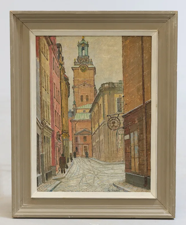 HJALMAR STRÅÅT. "Storkyrkan och börshuset, Stockholm", olja på pannå, signerad samt daterad 1950.