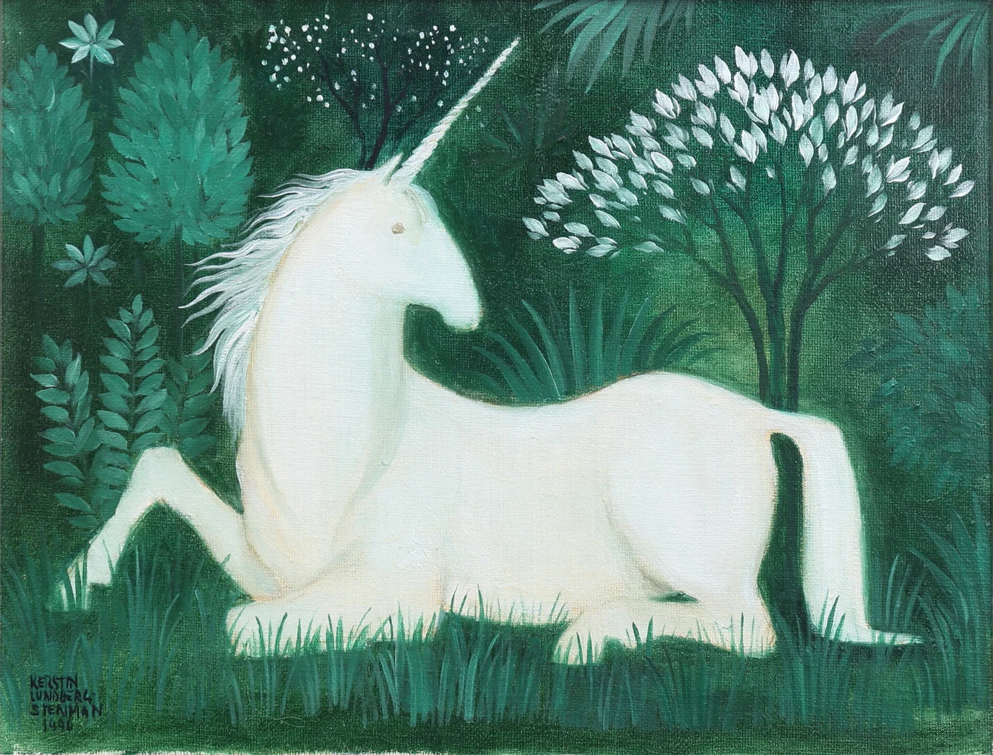 KERSTIN LUNDBERG STENMAN. Enhörning. Olja på duk, signerad och daterad 1990. — Paintings — Auktionshuset Thelin & Johansson