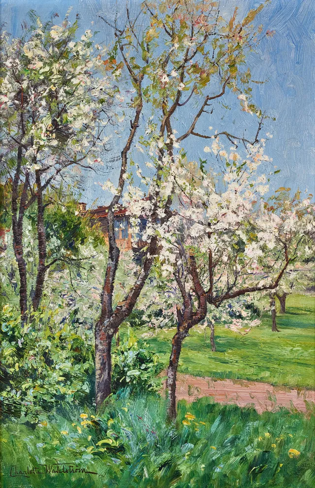 CHARLOTTE WAHLSTRÖM. Blommande äppleträd i Villa Nytomta.