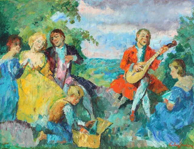 “Chanson a la campagne”. Signed Ludvig Jacobsen. Oil on canvas. 61×79 cm.