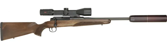 KULGEVÄR MED LJUDDÄMPARE, fabrikat Mauser Obendorf, modell 25 Pure, kaliber .308W, tillv.nr MK001060, se-nr SE3714288.