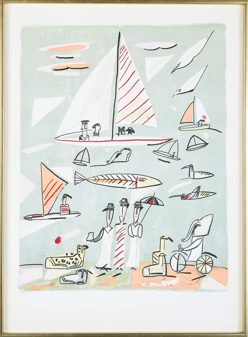 MADELEINE PYK. Komposition med segelbåtar, färglitografi, signerad och numrerad 273/290. — Engravings & Prints — Stockholms Auktionsverk Sickla