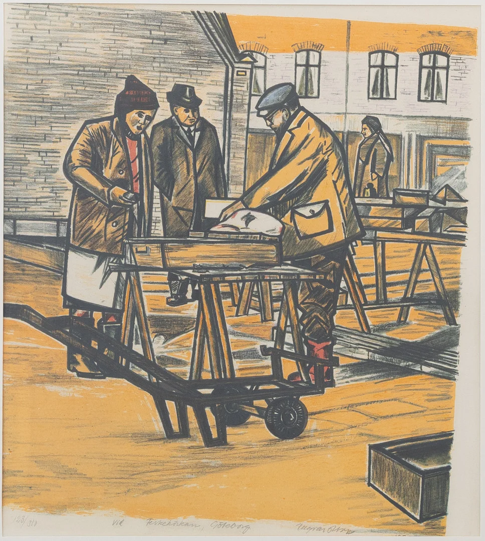 INGVAR OLSON. "Vid Feskekörkan, Göteborg, litografi nr 123/300, signerad. — Engravings & Prints — Garpenhus Auktioner
